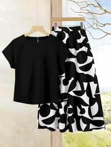 2 piezas Conjunto de top casual de unicolor + falda con estampado geométrico blanco y negro para vacaciones de mujer, Conjunto de ropa de verano para mujer, Conjunto de falda y top de verano, Conjunto de falda y top de mujer, Conjunto de falda - Multicolor 6 - Ver 6