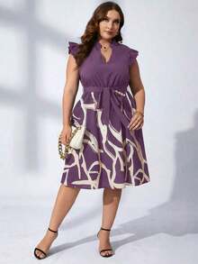 Vestido con estampado gráfico, cuello con muesca, volantes, cinturón, lunares, vestidos para mujer, vestidos casuales de primavera, vestidos de picnic, vestidos de verano, vestidos de primavera, vestidos de festival, vestidos de Pascua, vestid - Morado Violeta - Ver 3