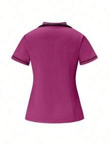 Conjunto de uniformes médicos: Parte superior de cuello en V de manga corta y pantalones para trabajadores de la salud - Rosa Fucsia - Ver 6