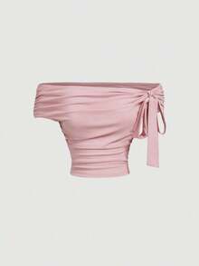 Camiseta rosa con hombros descubiertos y pliegues con decoración de lazo, adecuada para citas, fiestas, estética femenina, brunch, mujeres para Año Nuevo, vacaciones, vestimenta occidental para mujer, playa, ropa de oficina, Día de San Valentín - Rosa - Ver 1