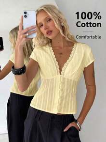 Blusa ajustada de manga corta con cuello de encaje con textura de rombos, botones y fruncido, adecuada para uso casual, ir al trabajo, estilo bohemio y vacaciones en la playa en verano - Albaricoque - Ver 1