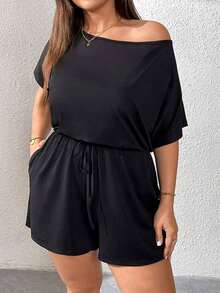 Mono de talla grande para mujer, ropa de verano, shorts, hombros descubiertos y graciosos, conjunto de verano para mujer, atuendo de rave de festival, conjunto de verano para vacaciones de mujer, mono casual de mujer - Negro - Ver 3