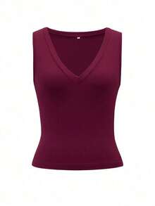 Camiseta de tirantes ajustada con escote en V profundo para mujer  top de punto de unicolor, ropa deportiva para mujer, ropa de carnaval de primavera y verano 2026, adecuada para uso diario, trabajo y casual - Morado - Ver 3