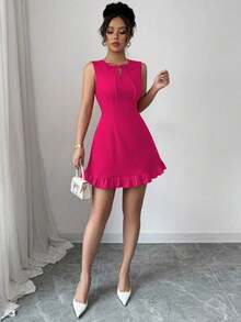 Nuevo vestido mini ajustado de mujer con cuello redondo, diseño de lazo, abertura lateral sin mangas, vestido de oficina, cita y fiesta, elegante y versátil con diseño de color block y volantes - Rosa Fucsia - Ver 5
