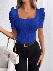 Camiseta de cuello cuadrado de manga farol - azul real - Ver 4