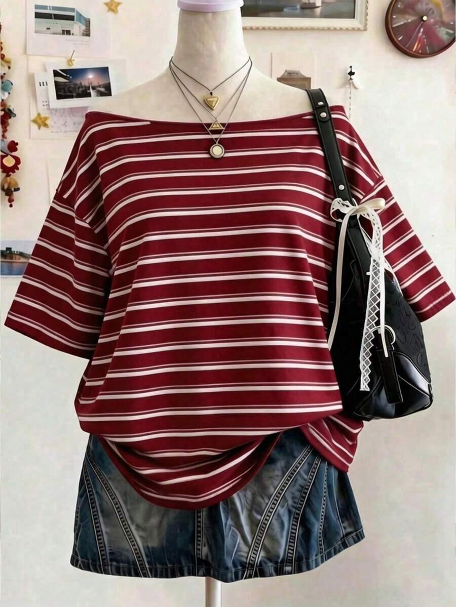 Camiseta suelta de mujer con estampado floral y hombros descubiertos, manga 3/4 - Blanco - Ver 1
