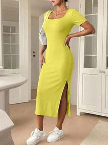 Frenchy Vestido elegante de unicolor de manga corta con abertura simple para mujeres - Amarillo - Ver 3