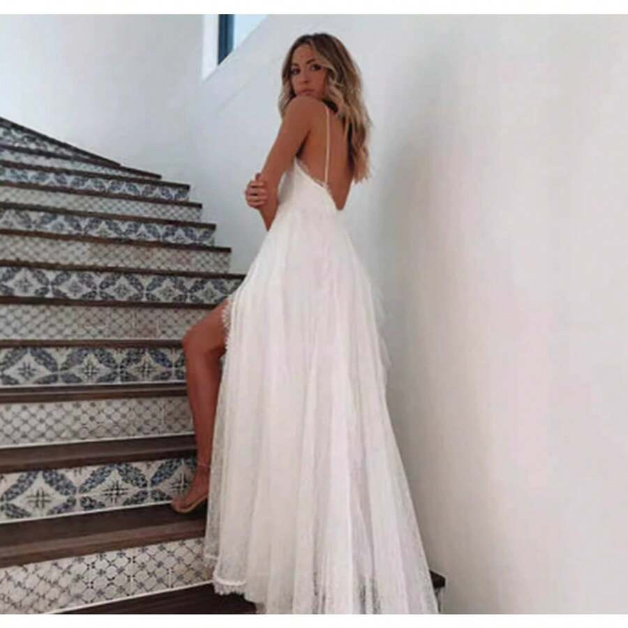 Vestido mujer con encaje, escote barco, corte amplio, cintura alta, diseño favorecedor y estiloso - Blanco - Ver 1
