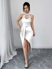 Vestido maxi ajustado con cuello en V, sin mangas, con decoración de encaje y abertura alta, elegante para mujer.Adecuado para vacaciones, citas, reuniones diarias y uso en fiestas, primavera/verano - Blanco - Ver 4