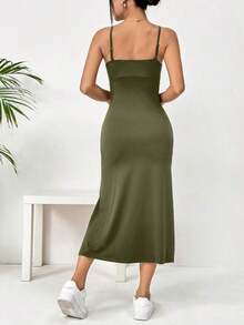 Vestido midi de leopardo con abertura lateral y tirantes - Verde militar - Ver 2