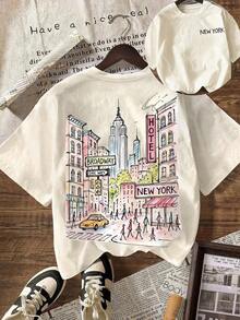 3pcs Camiseta gráfica de la ciudad de Nueva York, camiseta casual de mujer de cuello redondo y manga corta, conjunto de vacaciones de verano,Soft Fabric, Loose Design, Round Neck, Short Sleeves, Springsummer, Daily Wear - Albaricoque - Ver 2