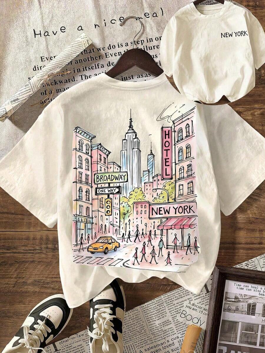 3pcs Camiseta gráfica de la ciudad de Nueva York, camiseta casual de mujer de cuello redondo y manga corta, conjunto de vacaciones de verano,Soft Fabric, Loose Design, Round Neck, Short Sleeves, Springsummer, Daily Wear - Albaricoque - Ver 1
