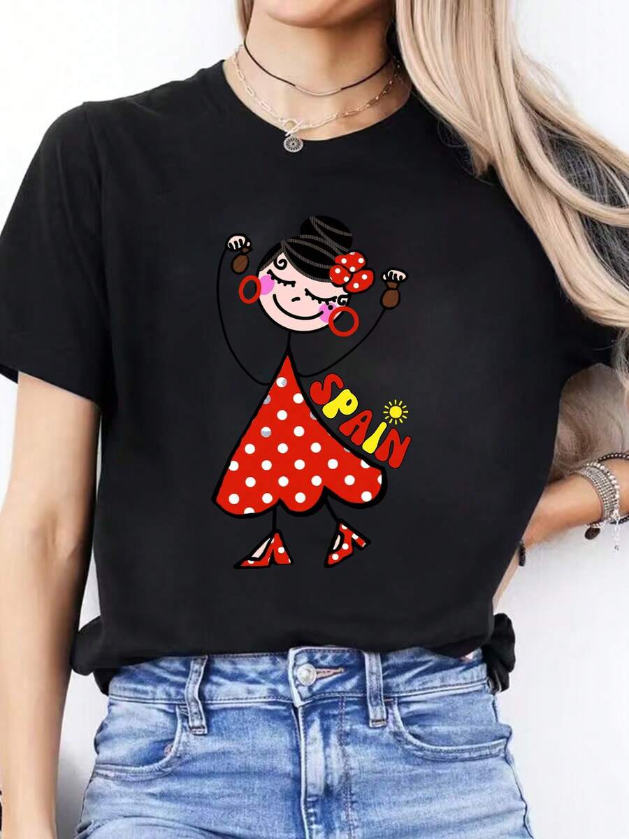 Women's Casual Short-Sleeved, Round-Neck Sports T-Shirt With Spanish Letter Print For Spring And Summer - Black - View 1