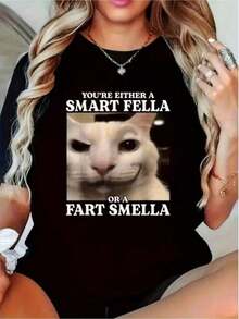 Women's T-Shirt, 100% Cotton, Short Sleeve, SS26, Graphic Print With A Funny Cat And A Stylish Slogan - 黑色 - 查看 5