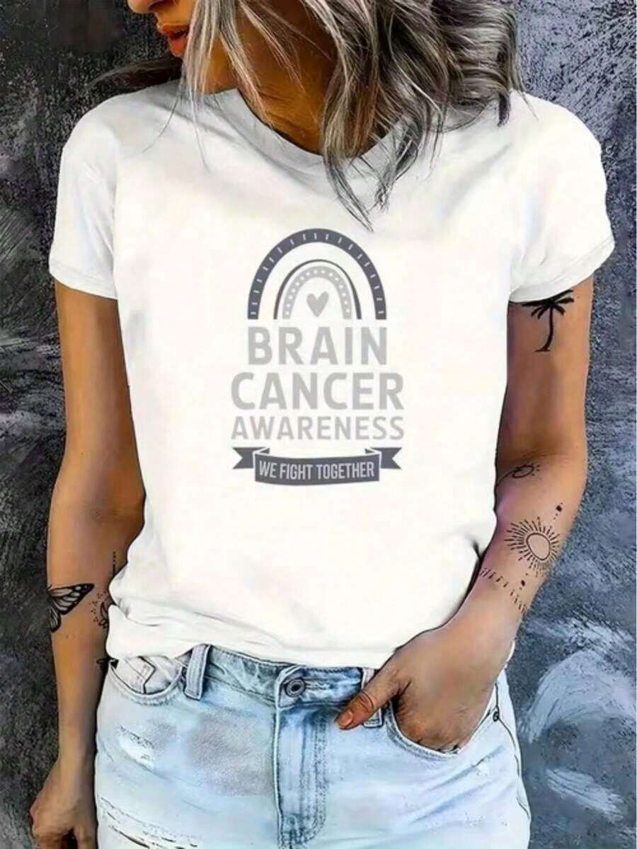 Camiseta de Mujer 100% Algodón de Manga Corta con Estampado Gráfico de Arcoíris y Corazón para la Concientización sobre el Cáncer de Cerebro - Blanco - Ver 1