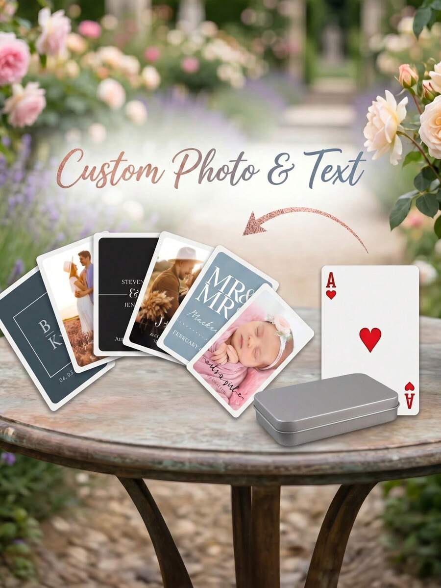 Bộ bài cưới thiết kế riêng, bài poker tối giản in tên cặp đôi và ngày cưới, quà tặng kỷ niệm đám cưới, sổ lưu niệm khách mời, sổ ký tên, quà tặng phù rể, hộp thiếc. - Nhiều màu - Xem 1