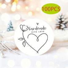 100PCS White Self-Adhesive Stickers With The Words "Handmade With Love" Written On Them, For Eeveryday Office Supplies, Gift Wrapping, Birthdays, Parties, Etc. - G07 White - View 1