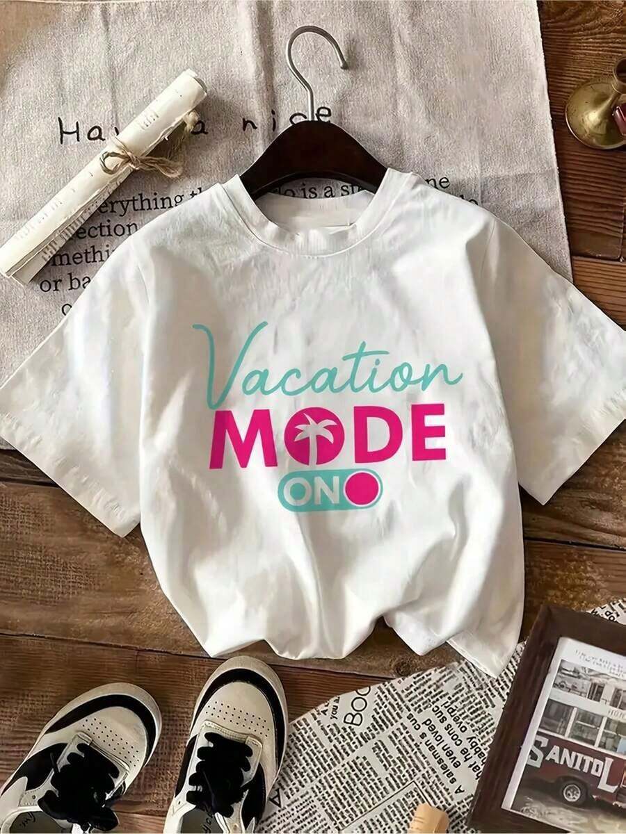Women's Summer Clothes: "Vacation Mode Activated" Print T-Shirt For Women - Casual White Short Sleeve Blouse With Colorful Lettering And Tropical Palm Tree Design, Lightweight Crew Neck T-Shirt Ideal For Beach Vacations, Spring/Summer Wear, Casual Summer Wear. | Tropical Themed Shirt | Durable Printed Beach T-Shirt, 100% Cotton, Plus Size, Fun Design T-Shirt. - 白色 - 查看 1