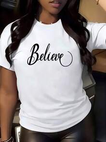 1 pieza de camiseta casual de moda para mujer con estampado de letras simples - Cuello redondo, manga corta, adecuada para verano y primavera, ropa de mujer. una camiseta estampada muy distintiva / estilo unisex / adecuada tanto para hombres como para mujeres / resistente a las arrugas / transpirable - Blanco - Ver 8