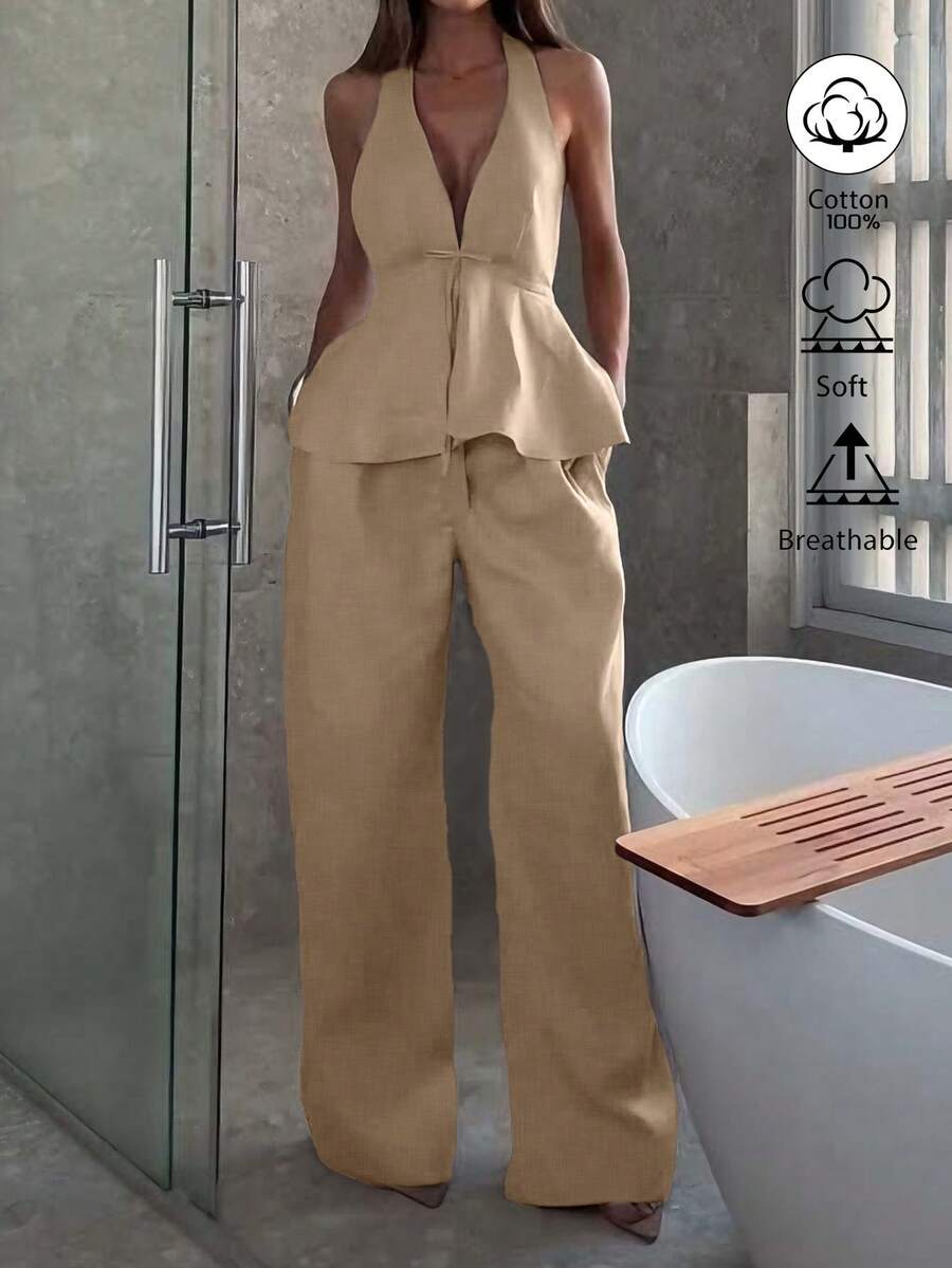 Bộ đồ nữ gồm áo cổ yếm buộc dây dáng chữ A và quần ống rộng suông bằng vải cotton lanh, thích hợp mặc hàng ngày và đi nghỉ mát, mùa xuân/hè. - Màu Khaki - Xem 1