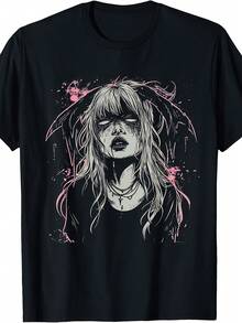 EWH Goth Demon Girl Horror Bunny Occult Dark Anime T-Shirt - Black With Pink Details, Loose Fit Graphic Tee For Men And Women, Gothic Punk Alternative Clothing, Soft Machine Washable T-Shirt For Daily Wear, Concerts, Cosplay, Parties - Ideal Gift For Anime Fans | Exquisite Design | Loose And Comfortable | Easy To Match | - 黑色 - 查看 1