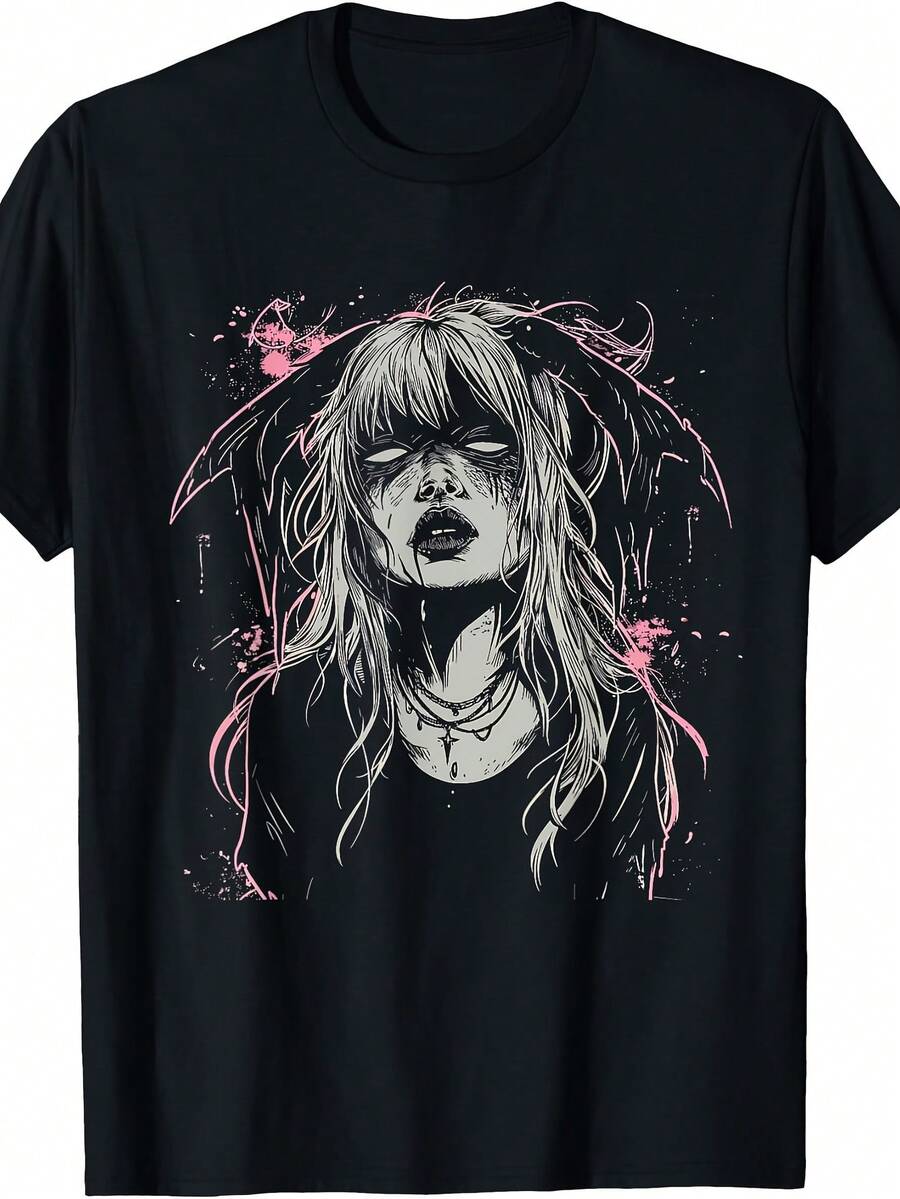 EWH Goth Demon Girl Horror Bunny Occult Dark Anime T-Shirt - Black With Pink Details, Loose Fit Graphic Tee For Men And Women, Gothic Punk Alternative Clothing, Soft Machine Washable T-Shirt For Daily Wear, Concerts, Cosplay, Parties - Ideal Gift For Anime Fans | Exquisite Design | Loose And Comfortable | Easy To Match | - 黑色 - 查看 1