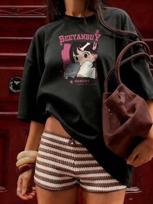Stylish And Kawaii Short-Sleeve T-Shirt, A  Short-Sleeve T-Shirt For Spring And Summer 2026, Made In Mexico, 180 Grams. Cartoon Print, Couple Design, Suitable For Indoor Or Outdoor Wear. Crew Neck, Unisex, Ideal For The Office And Leisure. One-Pack. - BK-P631577SLNDXZGY569 - 查看 4