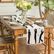 1pc Golf Player Silhouette Pattern Rectangular Table Runner, Black & White Classic Patchwork Design, Energetic Style, Large Size, Home Decor, Suitable For Family Gatherings, Indoor/Outdoor Decoration, Entryway, Coffee Table, Living Room Ambiance, Kitchen Dining, Holiday & Nature Gifts - Black and White - View 2
