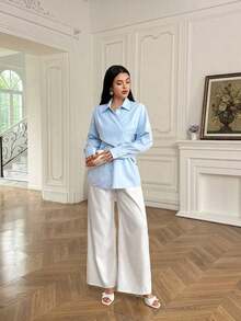 Camisa de manga larga de unicolor minimalista para mujer, uso casual de todos los días - Azul - Ver 4