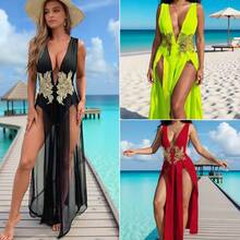 Vestido playero sexy con bordado de malla, escote en V profundo, abertura alta, estilo vacaciones en la playa. - Rojo - Ver 2