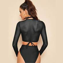 Traje de baño de bikini de malla de manga larga, traje de baño de tres piezas de cintura alta y corte triangular, de cintura alta y efecto adelgazante. - Blanco - Ver 4