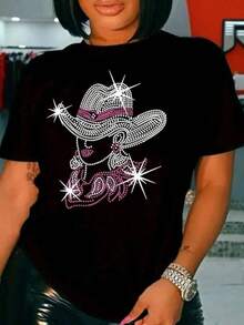 Strass Sombrero de vaquero de estilo occidental negro con piedras de imitación y camiseta de manga corta con estampado de figura - Camiseta casual de cuello redondo reluciente para mujeres, perfecta para todas las estaciones 1  Sexy  Casual  Dulce  Fiesta  Elegante    Brillante    Perlas    Alta elasticidad  Playa  Noche de fiesta  Vacaciones  Deportivo  Boda  Casa  Oficina  Jardín    verano - Negro - Ver 6