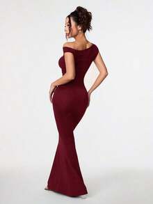 Ropa de verano, atuendos para citas diarias y viajes, atuendos de fiesta, ropa interior elegante para mujeres, atuendos para salir, vestido asimétrico con hombros caídos y cola de pez extra larga, atuendos de club para mujeres, atuendos para - Burdeos - Ver 2