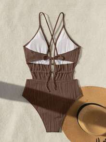 Traje de baño de una pieza con diseño de espalda descubierta, de unicolor, fashionable, para playa de verano, color blanco - Café integral - Ver 5