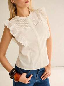 CielaLinda Blusa blanca con bordado de ojal y volantes, top bohemio para mujer - Blanco - Ver 6