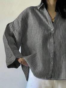 Camisa de mujer de poliéster a rayas con hombros caídos, manga larga, cuello, diseño con botones delanteros, longitud regular, tela sin estiramiento - Negro - Ver 3