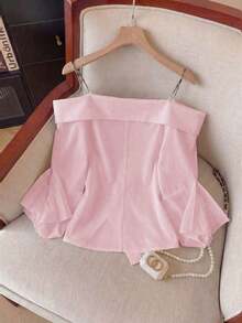 Blusa casual, de oficina y para ir al trabajo, de unicolor con cadena, hombros descubiertos, cintura plisada y bajo asimétrico, adecuada para primavera, verano y otoño - Rosa - Ver 2