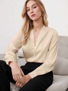 Blusa de manga de globo con cuello en V, nueva para primavera/verano, de tela de satén, elegante y versátil para el día a día en la ciudad, con estilo retro de los 90, adecuada para Navidad, Año Nuevo, San Valentín, fiestas, playa, graduación, mod - Champán - Ver 9
