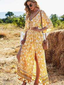 Vestido de mujer color azul con estampado floral tropical, escote en V profundo, manga media con cinturón, falda larga con abertura lateral, tejido ligero ideal para verano, estilo boho playero perfecto para vacaciones, fiestas en la playa y festivales - Amarillo - Ver 2