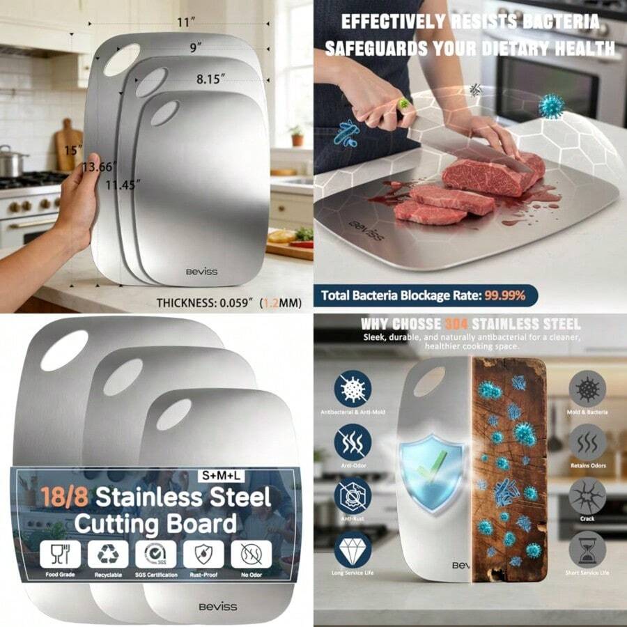 Juego de 3 tablas de cortar de acero inoxidable 100% puro de doble cara tabla de cortar para cocina apto para lavaplatos para carne verduras o frutas S+M+L - Acabado en acero inoxidable - Ver 1
