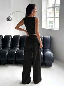 Conjunto de traje de mujer con chaleco y pantalones de un solo abotonado en azul marino para otoño/invierno - Negro - Ver 2