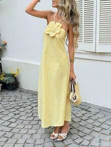 YHHSylviya Vestido maxi con abertura y estampado floral 3D en escote halter, vestido de verano de color amarillo mantequilla para mujer, atuendos de verano, atuendos de vacaciones, atuendos de playa, vestidos de graduación, ropa de verano, vestidos de vacaciones, vestidos de playa, ropa de vacaciones, estilo bohemio, atuendos para salir, vacacionesYHH - Butter Yellow - Ver 6