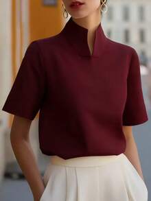 優雅女款中式領短袖杏色上衣，休閒夏季度假純色羅紋針織，適合學校、海灘、辦公室，酒紅色，靜奢風 - 酒紅色 - 查看 1