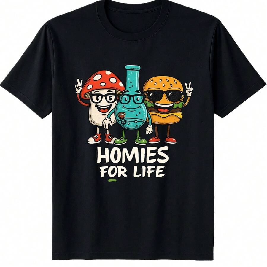 Homies For Life, Unisex, Items, Soft, Breathable, Lightweight - Crew Neck, Regular Fit - Machine Washable, Comfortable Cotton Crew Neck Short Sleeve Graphic Print T-Shirt - 駝色 - 查看 1
