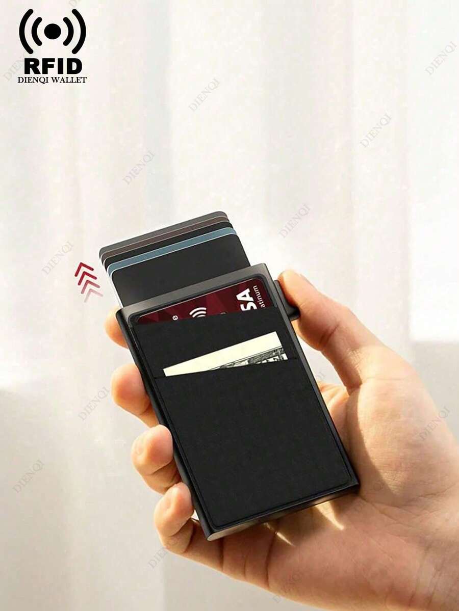RFID信用卡夹超薄简约黑色钱包，男士卡包，自动弹出式卡套，带现金槽、信用卡槽、身份证槽，适合白领人士，可作节日、周年纪念、生日礼物、配饰、父亲节礼物。
