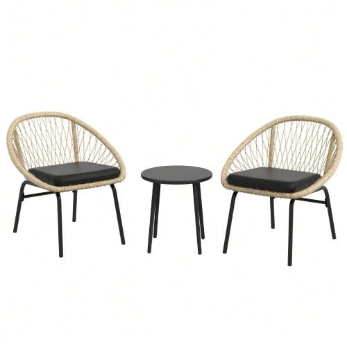 3-Piece Rattan Garden Furniture Set, Balcony Furniture Set With Coffee Table And 2 Chairs, Seating Set With Cushions, Weather-Resistant, Polyester, Yellow - 黃色 - 查看 1