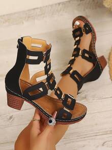 Women's Hollow Geometric Pattern Metal Rivet Chunky Heel Roman Sandals, Gladiator Sandals, Summer Shoes - Black - View 5