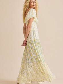 Women's Summer Floral Print Casual Fashion Puff Sleeve V-Neck Dress for Everyday Wear - Amarillo - Ver 2