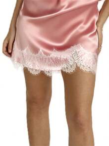 Women's Elegant Satin Lace Spliced Mini Skirt, Women's High Waist Flared Short Skirts, Streetwear For Summer And Autumn 2025 - F - 查看 4