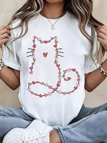 Camiseta Casual de Mujer con Estampado de Corazón, Manga Corta, Cuello Redondo, Corte Holgado, Estilo Vintage para el Día de San Valentín, Unisex, de Algodón, Manga Corta, Cuello Redondo - Blanco - Ver 1